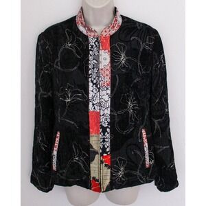 Chicos Jacket Size 1 Black Full Zip Silk Blend Floral Embroidered Long Sleeve